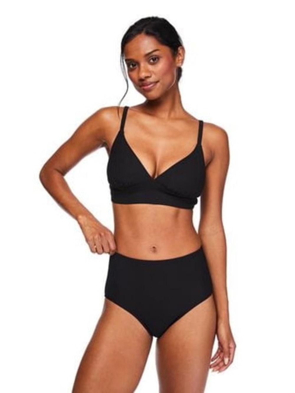 George Women’s Black Ribbed Long Line Triangle Bikini Swim Top‎ Size NWT